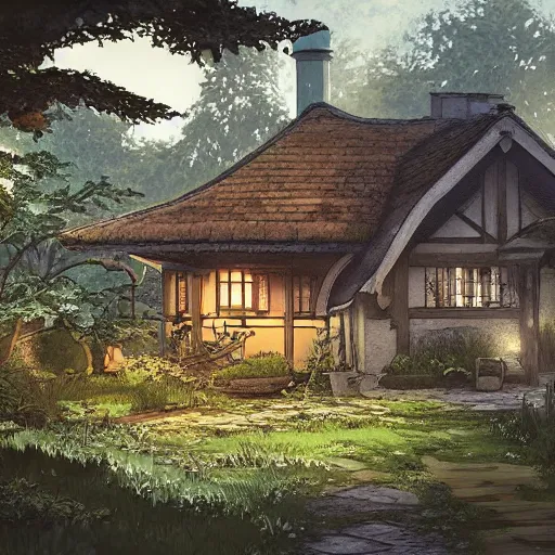 Image similar to concept art painting of an english european cottage with japanese architecture, in the woods, cozy, realistic, detailed, cel shaded, in the style of makoto shinkai and greg rutkowski and james gurney