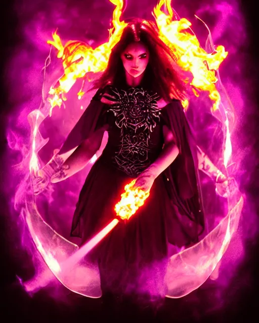 Image similar to pyromancer witch cover in purple flames, deep pyro colors, purple laser lighting, award winning photograph, radiant flares, realism, lens flare, intricate, various refining methods, micro macro autofocus, evil realm magic arts, polaroid picture taken by michael komarck - daniel dos santos