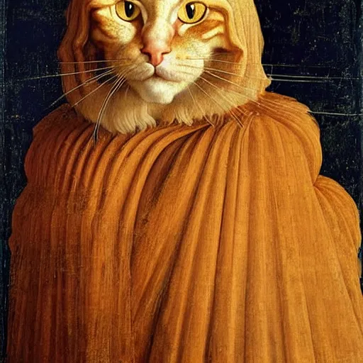 Image similar to beautiful renaissance painting portrait of ginger maine coon by sandro botticelli, jan van eyck, tiziano vecelli, piero della francesca