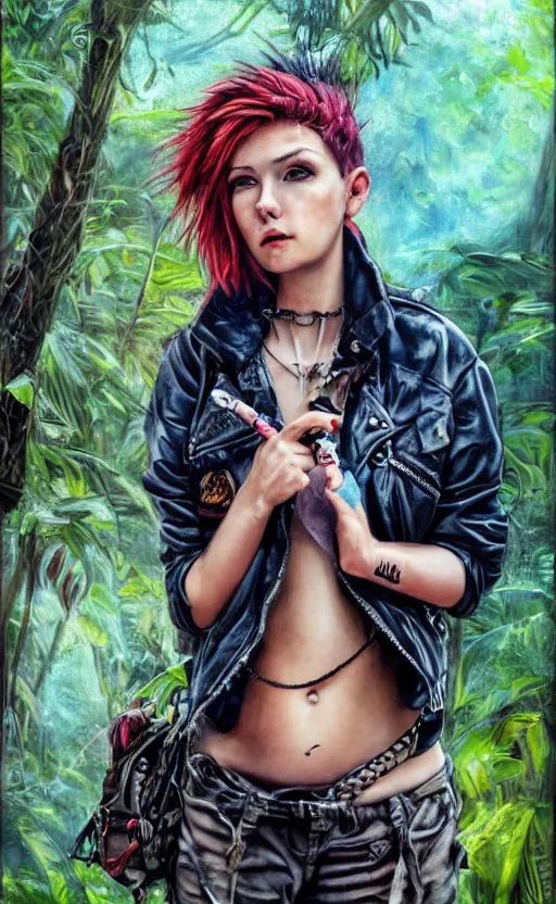 Image similar to cute punk rock girl making selfie in jungles, mad max jacket, renaissance, cables on her body, hyper realistic style, oil painting, fantasy by Olga Fedorova