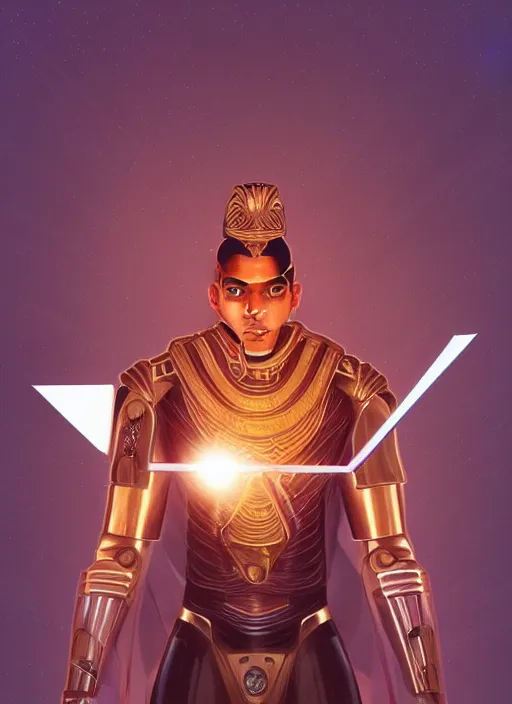 Image similar to symmetry!! brown skin man egyptian prince holding scepter of power, solid cube of light, hard edges, product render retro - futuristic poster scifi, lasers coming from eyes, brown skin man egyptian prince, intricate, elegant, highly detailed, digital painting, artstation, concept art, smooth, sharp focus, illustration, dreamlike, art by artgerm