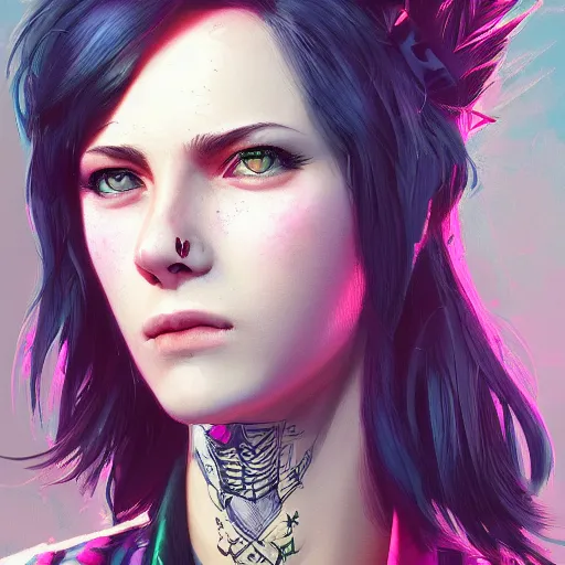 Image similar to highly detailed portrait of a punk young lady by by Loish, Artgerm,Greg Rutkowski, 4k resolution