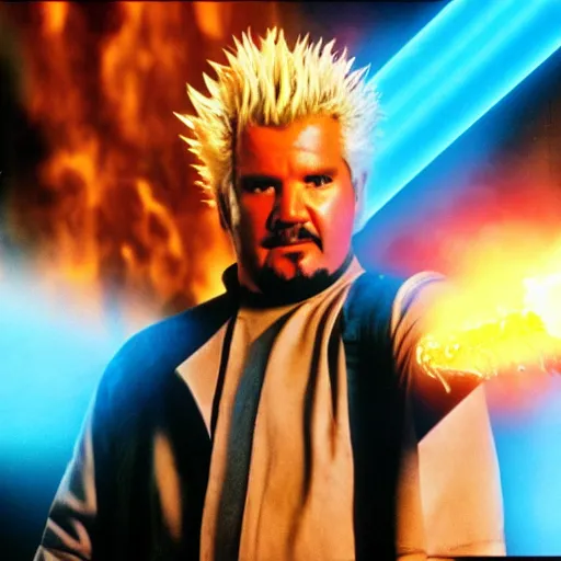 Prompt: Guy Fieri in Star Wars Revenge of the Sith, Jedi Knight, blue light saber, movie still, cinematic, kodak 2383, 55mm lens