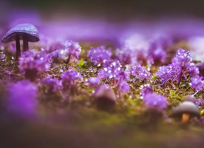 Image similar to a fantasy forest on an alien planet with delicate flowers and mushrooms that glow in the dusk, macro close up, f32, bokeh,