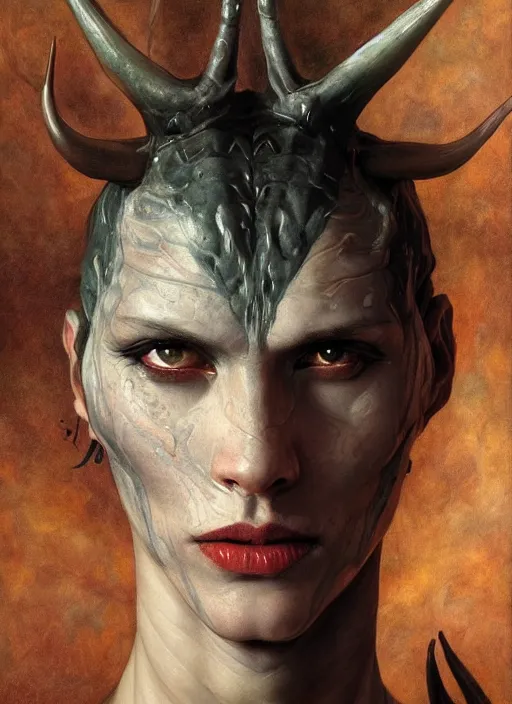 Image similar to half demon half human intricate skin latex, elegant, peaceful, full body, horns, hyper realistic, extremely detailed, dnd character art portrait, fantasy art, intricate fantasy painting, dramatic lighting, vivid colors, deviant art, artstation, by edgar maxence and caravaggio and michael whelan and delacroix.