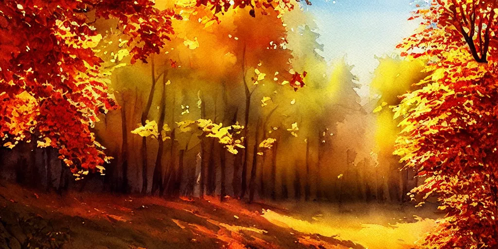 Image similar to autumn nature landscape, watercolor, ultra realistic, highly detailed, hd, sharp focus, cinematic lighting, warm colors, realistic, photorealistic, vivid colors, painting, digital art, non blurry, sharp, artstation, smooth, illustration