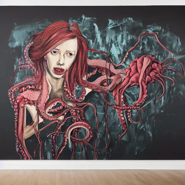 Image similar to empty room with black walls, a portrait of a female pathologist, octopus, mural, wilted flowers, squashed berries, neo - expressionism, surrealism, acrylic and spray paint and oilstick on canvas