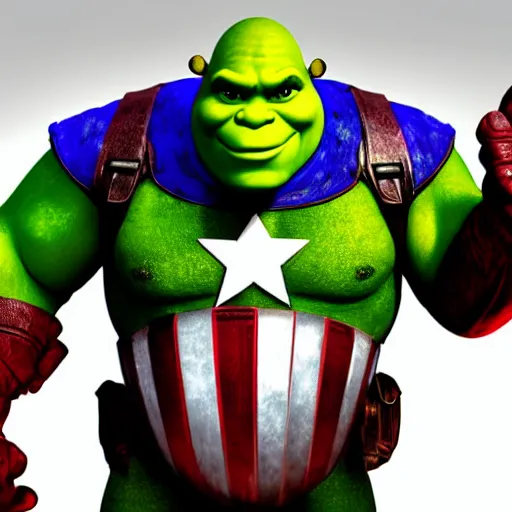 Prompt: digital painting of Shrek as Captain America, octane render, volumetric lightening, by marvel