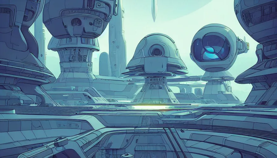 Image similar to futuristic alien outpost on a distant planet in style of moebius and cory loftis, very detailed, clean lines, atmospheric, vivid, wide angle