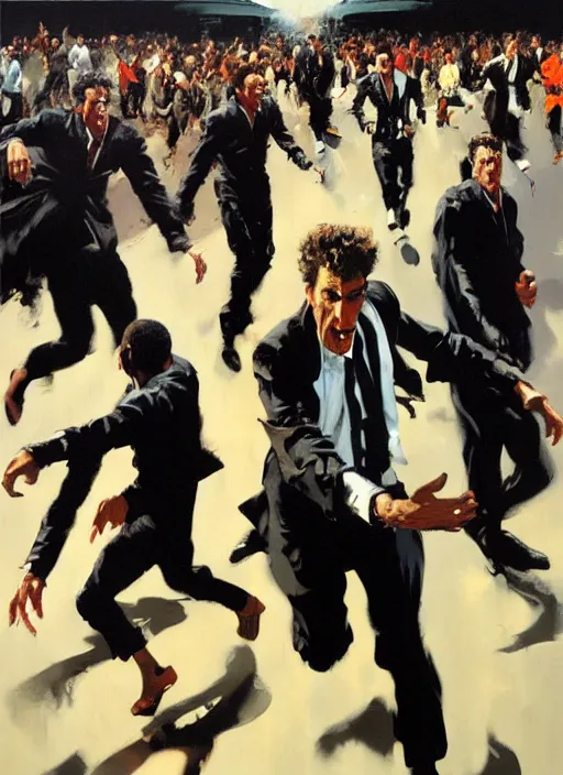 Image similar to 'kramer!! michael richards running from crowd of black people, painting by phil hale, 'action lines'!!!, graphic style, visible brushstrokes, motion blur, blurry