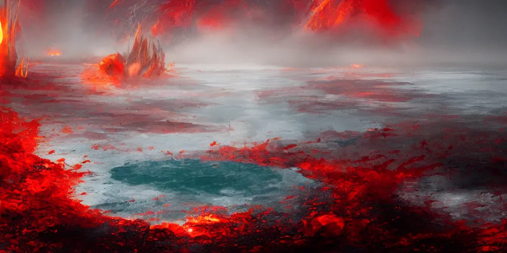 Image similar to a boiling, roiling and flaming red sea, geysers of steam, illustration, raining, dark and moody lighting, at night, digital art, oil painting, fantasy, 8 k, trending on artstation, detailed