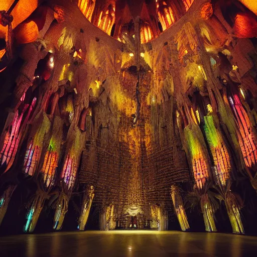 Image similar to glowing translucent theater stage in la sagrada familia, cyberpunk, dark room, science fiction magazine, cut up collage, 4 k close up, wide angle