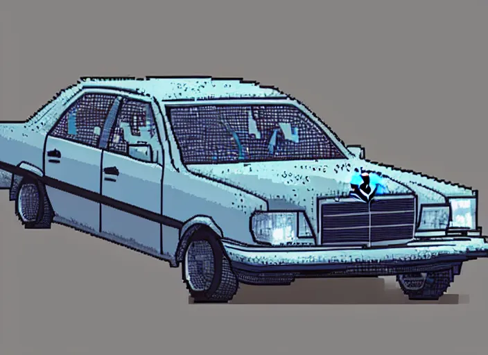 Image similar to burning wrecked mercedes 1 2 4, pixelart by kirokaze, award winning. dramatic. trending on artstation. very low quality, low resolution sync by honeybunny