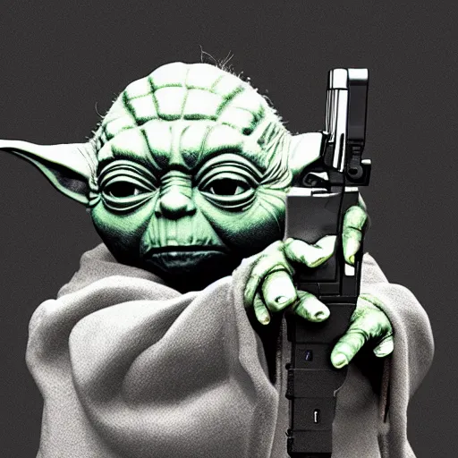 Prompt: an image of a yoda holding a glock, an ambient occlusion render by gatoken shunshi, pixiv, sots art, glitchy, hd mod, genderless