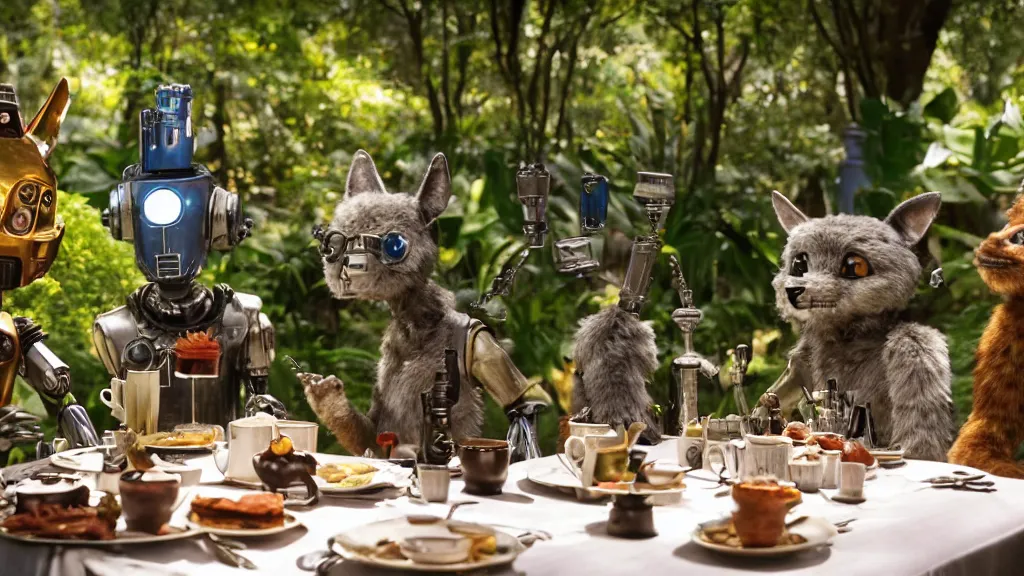 Prompt: film still from the movie chappie of the robot chappie shiny metal outdoor park plants garden scene bokeh depth of field several figures sitting down at a table having a delicious grand victorian tea party crumpets furry anthro anthropomorphic stylized cat ears wolf muzzle head android service droid robot machine fursona