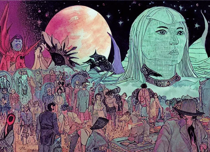 Image similar to a surreal scene from a feature film by wong kar - wai, alejandro jodorowsky and kenneth anger : : magical pagan ritual, retro sci - fi : : a storyboard drawing by moebius, ink and watercolor 8 k