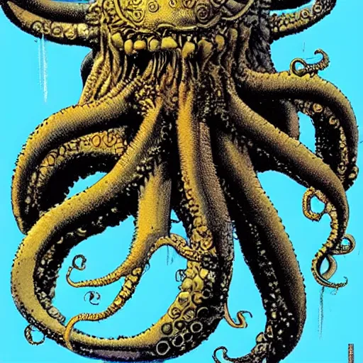 Image similar to giant alien octopus demon terrorising a city, art by Richard Corben