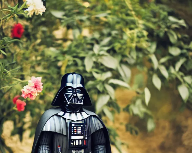 Image similar to 8 5 mm photography of darth vader as an avocado near a garden with sand with dof and bokeh and flowers