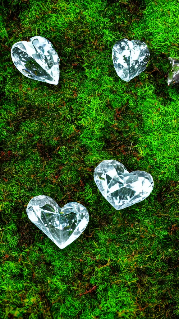 Prompt: macro photo of moss, a crystal heart is laying on the moss, light rays are coming through the leaves above, god rays, beautiful award winning macro photography, trending on artstation, serene secluded garden, isometric angle, 7 5 mm, f 3. 4