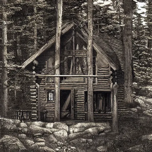 Image similar to a cabin in the woods by james gurney