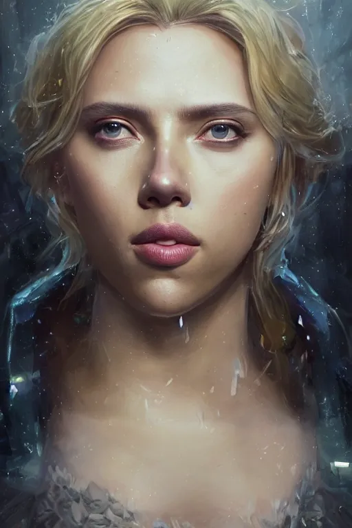 Image similar to a fancy portrait of a crystalized Scarlett Johansson by Greg Rutkowski, Sung Choi, Mitchell Mohrhauser, Maciej Kuciara, Johnson Ting, Maxim Verehin, Peter Konig, final fantasy , mythical, 8k photorealistic, cinematic lighting, HD, high details, atmospheric,