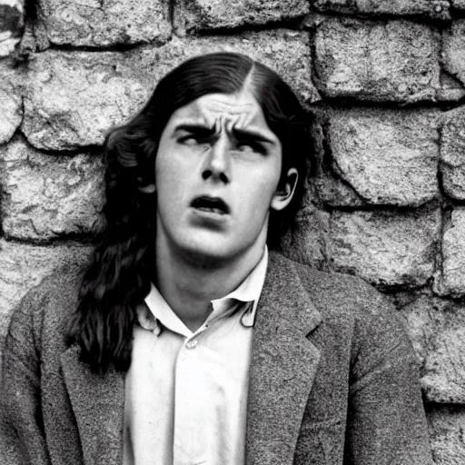 Image similar to Still of a movie set in the 1930s where a terrified young man with long hair is cornered against a stone wall. He is looking utterly panicked and distressed