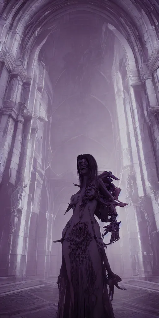 Prompt: demonic gorgeous necromancer woman in a sci-fi hard surface mausoleum, barlowe and moebius, beautiful, unreal engine, octane render, realistic, cinematic post process and mist foggy, dramatic lighting, 4k detailed