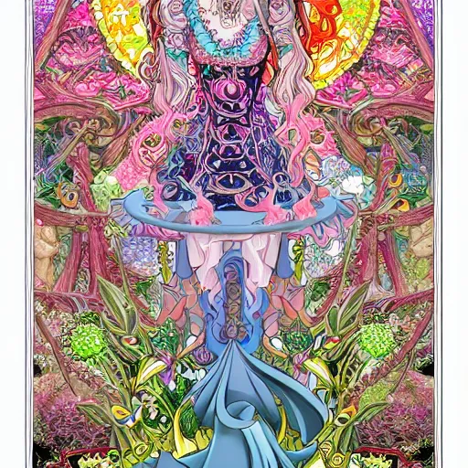 Image similar to NeoPagan Goddess of Spring, inside her temple, in a blended style by Junko Mizuno, Möbius, and Peter Chung, hyper detailed, 4k photorealistic digital art, flat colors, dramatic composition, extremely fine inking lines