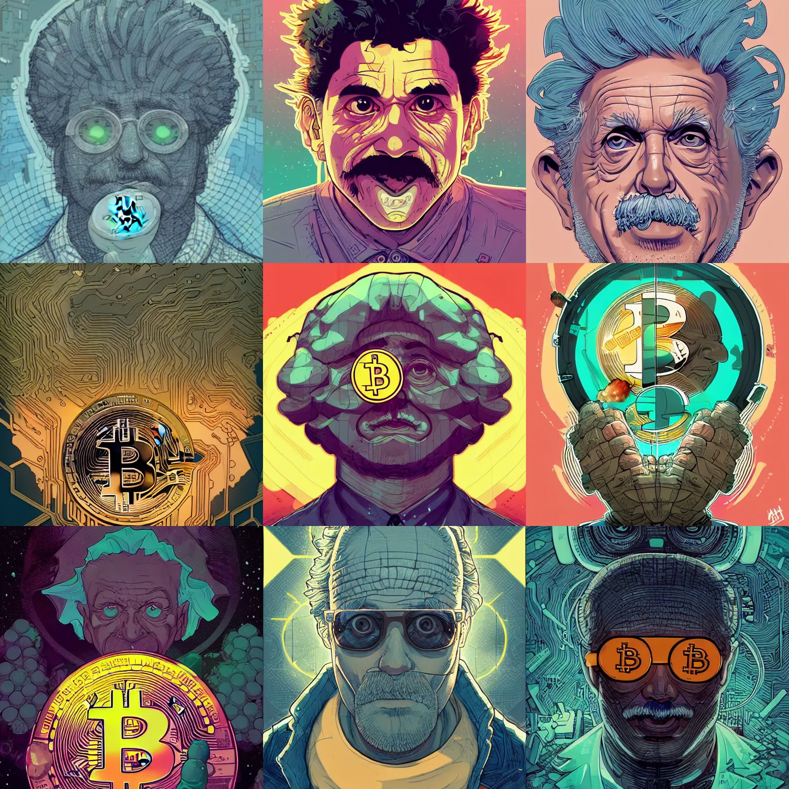 Prompt: cell shaded bitcoin are eyes of einstein, macro head shot, llustration, concept art by josan gonzales and wlop, by james jean, victo ngai, david rubin, mike mignola, laurie greasley, highly detailed, sharp focus, logo trending on artstation, hq, deviantart, art by artgem