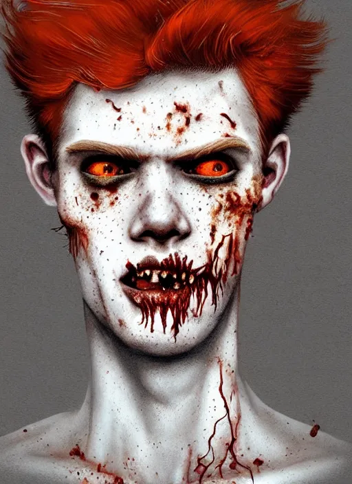 Image similar to portrait of zombie teenage archie andrews, red hair, curly hair, curly middle part, freckles, photorealistic, zombie, rotting skin, blind eyes, white eyes, zombie, intricate, elegant, orange, glowing lights, highly detailed, digital painting, artstation, concept art, sharp focus, illustration, art by wlop, mars ravelo and greg rutkowski