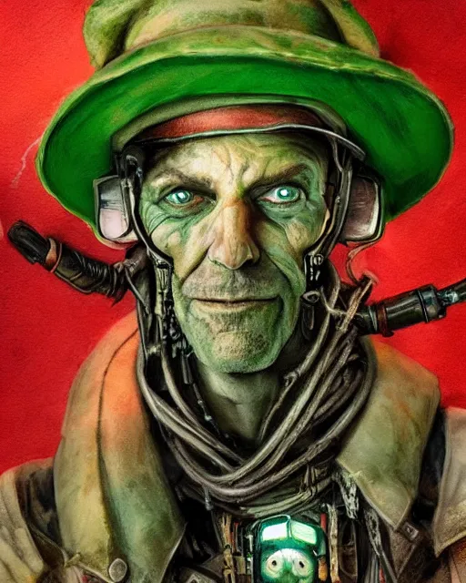 Prompt: an intimate portrait of a gnarly human cyberpunk captain, old skin, faded hat, charming, strong leader, green eyes, a look of cunning, detailed matte fantasy painting