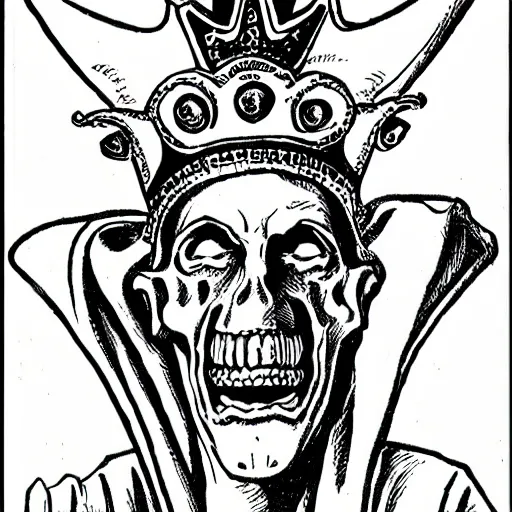 Image similar to lich wearing a crown 1930 cartoon illustration black and white lineart detailed technical drawing