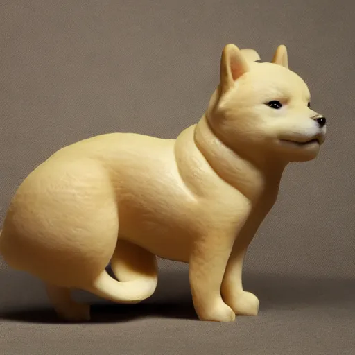 Image similar to a very beautiful intricately shaped organic sculpture carved from steamed buns depicting a shiba inu. studio lighting, high resolution, high quality, dark background