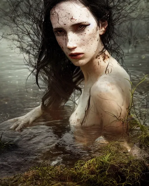 Prompt: half body portrait of juliana, rising from a swamp, black hair, freckles, pale skin, photo by greg rutkowski, high fashion, female beauty, intricate detail, elegance, sharp shapes, soft lighting, vibrant colors, masterpiece