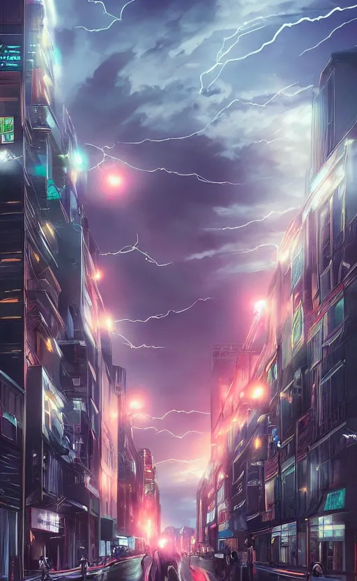 Prompt: tokyo street, lightning bolts in sky, dark sky by artgerm, illustration, trending on artstation, deviantart,