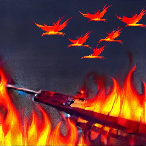 Image similar to in the lower part of the picture is the harp burning in the fire, above are cranes flying in flames, digital painting, concept art