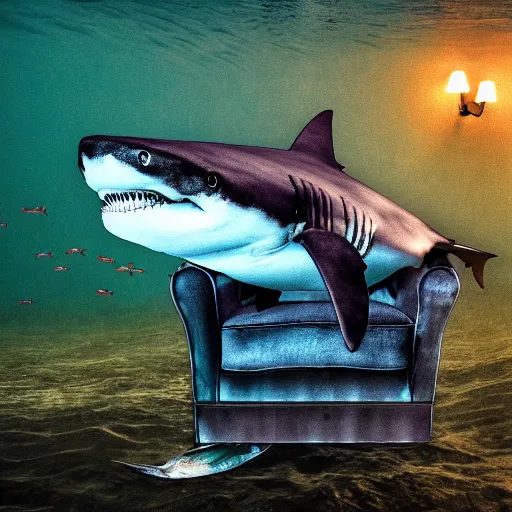 Image similar to a shark sitting in a chair reading a book underwater realistic hdr 8 k 3 5 mm