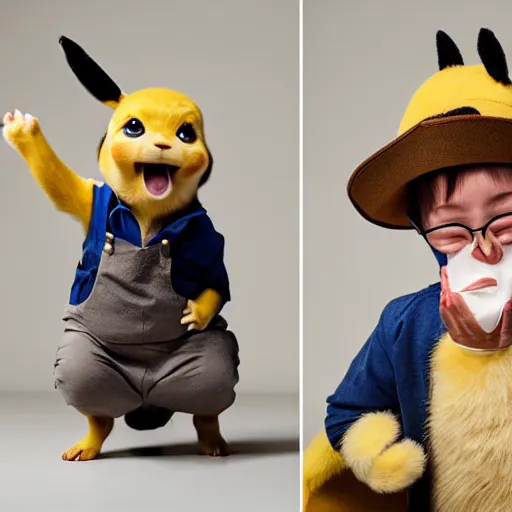 Prompt: portrait sneezing mid - sneeze cute detective pikachu mid - sneeze wiping face with rag at a photoshoot studio lighting