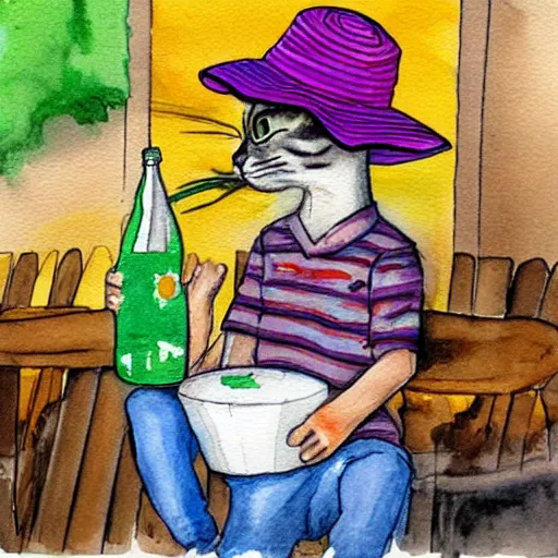 Image similar to an illustration a cat wearing a bucket hat and a hawaii shirt drinking a beer at an outdoor bar, watercolor drawing