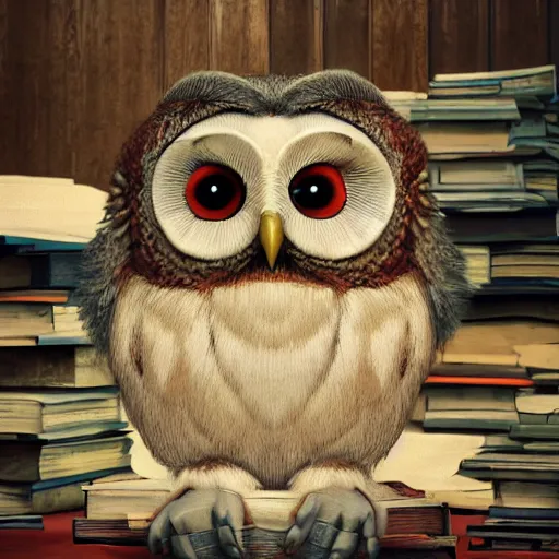 Prompt: long shot of a very cute plushy owl with eyelids half closed sitting on a pile of antique books, by esao andrews, by pixar, humorous illustration, hyperrealistic, big depth of field, fresh colors, dim light, 3 d octane render conceptart, 4 k, hyperdetailed, trending on artstation