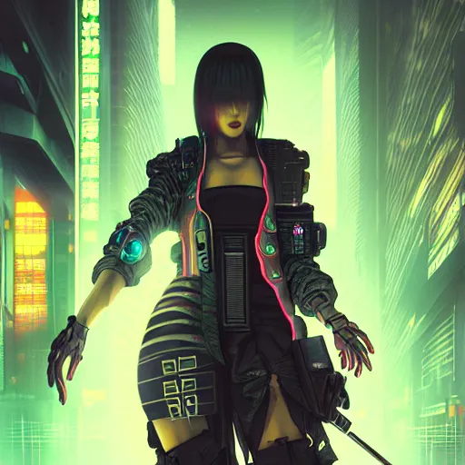 Image similar to portrait of a fierce dangerous female cyberpunk hacker samurai in neotokyo at night, futuristic cyberpunk tokyo night, sci - fi and fantasy, intricate and very beautiful, highly detailed, digital painting, artstation, concept art, smooth and sharp focus, illustration, art by tian zi and wlop and alphonse mucha