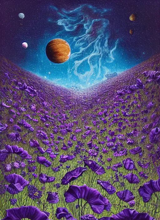 Image similar to detailed, intricate blue black and purple papaverum flower on the field, nebula, galaxy in the sky, winning award masterpiece, fantastically beautiful, illustration, aestheticly inspired, jacek yerka, upscale with anguissola sofonisba work, artstation, 8 k