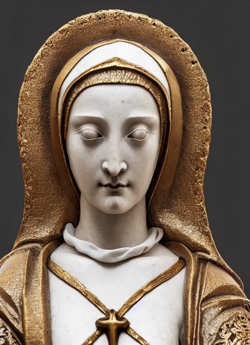 Prompt: a medieval female nun, elegant, filigree renaissance sculpture from gold, marble and fur, brilliant symmetry, created by verrocchio andrea, leonardo da vinci, sandro botticelli, raffaelle monti, epic 7 0 mm lens shot, artstation trending, photorealism, sharp focus, smooth, establishing shot, sense of awe