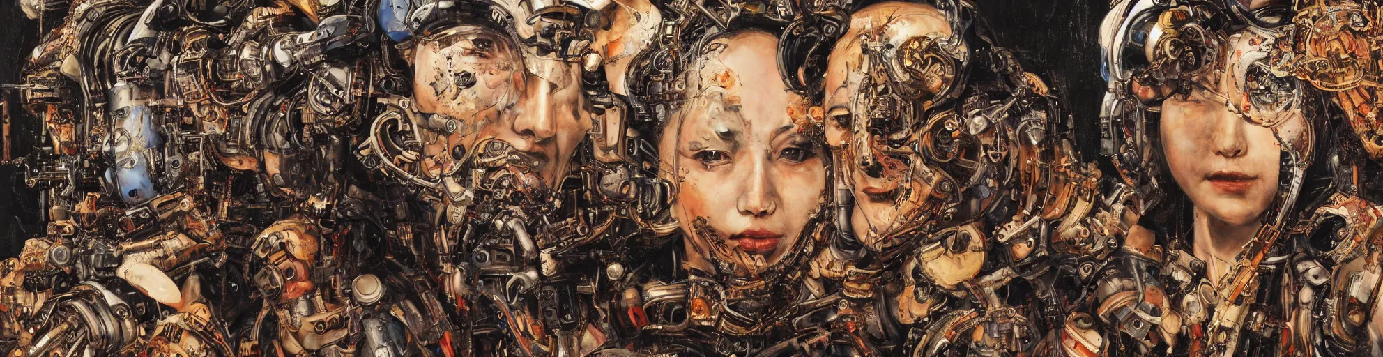 Image similar to 8K UHD, detailed portrait, high dynamic range, by katsuhiro otomo: (background= varnished oil paint on black background with pastel paint splashes in background)+ (subject = queen baroque expressionist cyborg machine goddess + subject detail= very detailed )