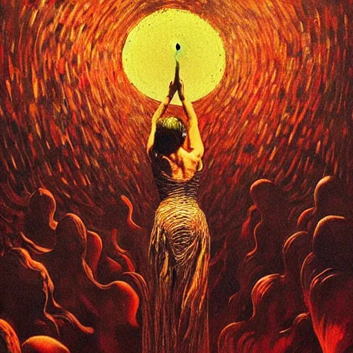 Image similar to Carmen sings beautifully, mesmerizing a crowd and shattering worlds- contest-winning artwork by Salvador Dali, Beksinski, Van Gogh and Monet. Stunning lighting