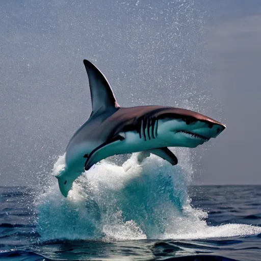 Prompt: action photo of shark jumping from surface of the sea into the ship, from nature journal, 1 / 1 0 0 0 sec shutter, action photo