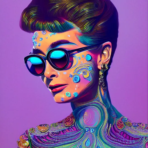 Prompt: An extremely psychedelic portrait of Audrey Hepburn wearing sunglasses, surreal, LSD, face, detailed, intricate, elegant, lithe, highly detailed, digital painting, artstation, concept art, smooth, sharp focus, illustration
