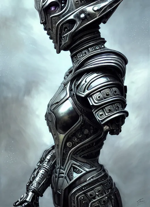 Image similar to hyperrealistic mixed media portrait of a beautiful armored warrior woman, stunning 3d render inspired art by Gerald Brom + perfect facial symmetry + dim volumetric lighting, ornate silver gothic armor, 8k octane beautifully detailed render, post-processing, extremely hyperdetailed, intricate, epic composition, grim yet sparkling atmosphere, cinematic lighting + masterpiece, trending on artstation, Art Nouveau