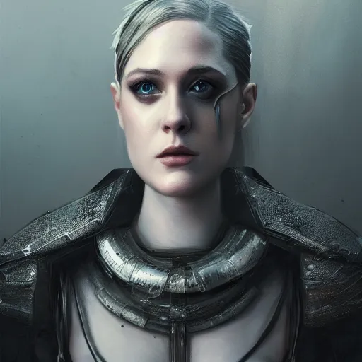 Image similar to evan rachel wood portrait, dystopia core, apocalyptic, armor, warrior, dramatic, sharp focus, fiction, neon, fantasy, hyper detailed, digital art, trending in artstation, cinematic lighting, studio quality, smooth render, unreal engine 5 rendered, octane rendered, art style and nixeu and wlop and krenz cushart