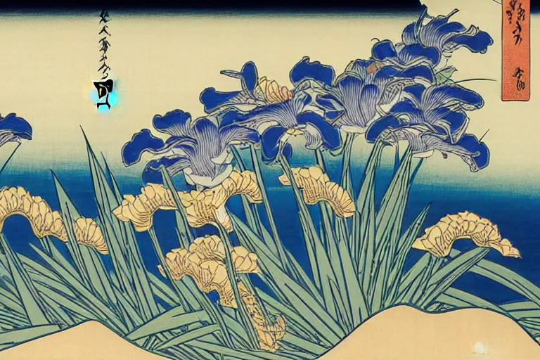 Image similar to a masterful ukiyo - e print of beautiful irises by katsushika hokusai and utagawa hiroshige, masterpiece, hyperdetailed!!, intricate!!, complex!!, 4 k